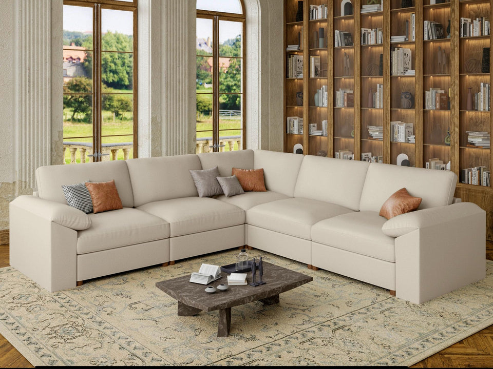 EASE MOOSE Leather Sectional Couch, Oversized Modular Sectional Sofas, Wide Deep Seat Modular Couch, Scratch Resistant Faux Leather Material, L Shaped Sofa for Big Spaces,Beige