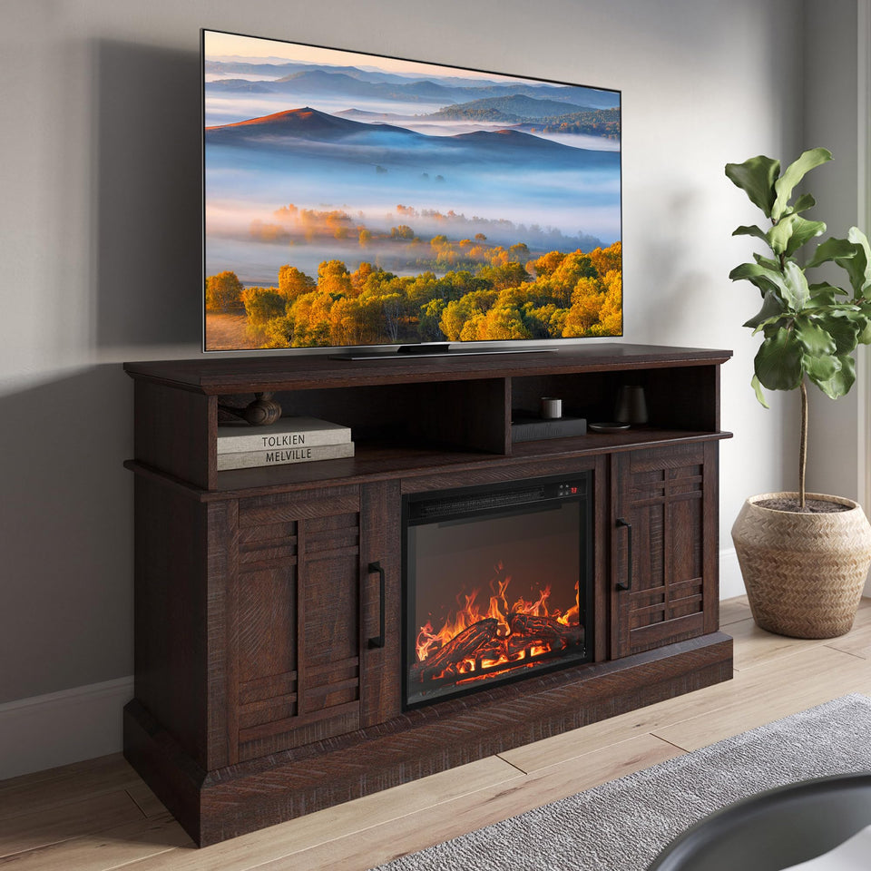 BELLEZE Traditional 58" Rustic TV Stand with 23" Electric Fireplace Heater with Sound, Media Entertainment Center Console Table for TV up to 65" with Open Storage Shelves and Cabinets - Espresso