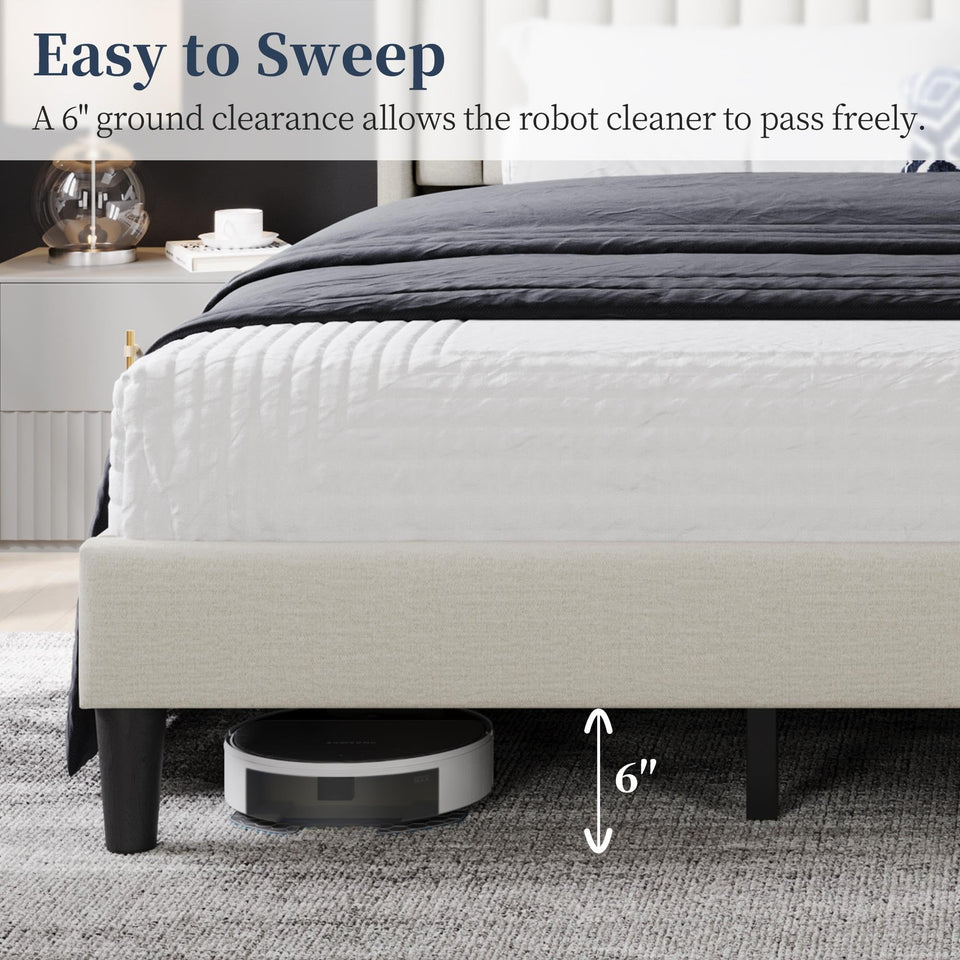 Yaheetech King Bed Frame Upholstered Platform Bed with Fabric Headboard, Wing Edge Design/Non-Slip and Noise-Free/Wooden Slats Support/No Box Spring Needed/Easy Assembly, Ivory King Bed