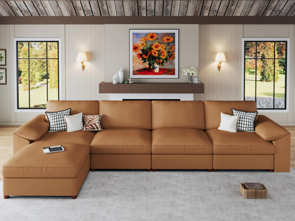 EASE MOOSE Leather Sectional Couch, Oversized Modular Sectional Sofas, Wide Deep Seat Modular Couch, Scratch Resistant Faux Leather Material, L Shaped Sofa for Big Spaces,Beige