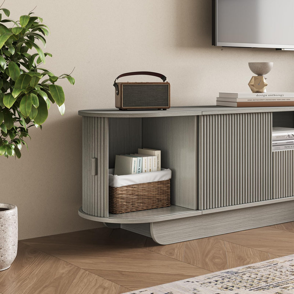 UKAOCAI 86.61'' Tambour TV Stand for 55-85 Inch, Modern Entertainment Center with Large Storage Cabinet & Open Shelves, TV Console with Sliding Doors for Living Room, Bedroom, Natural