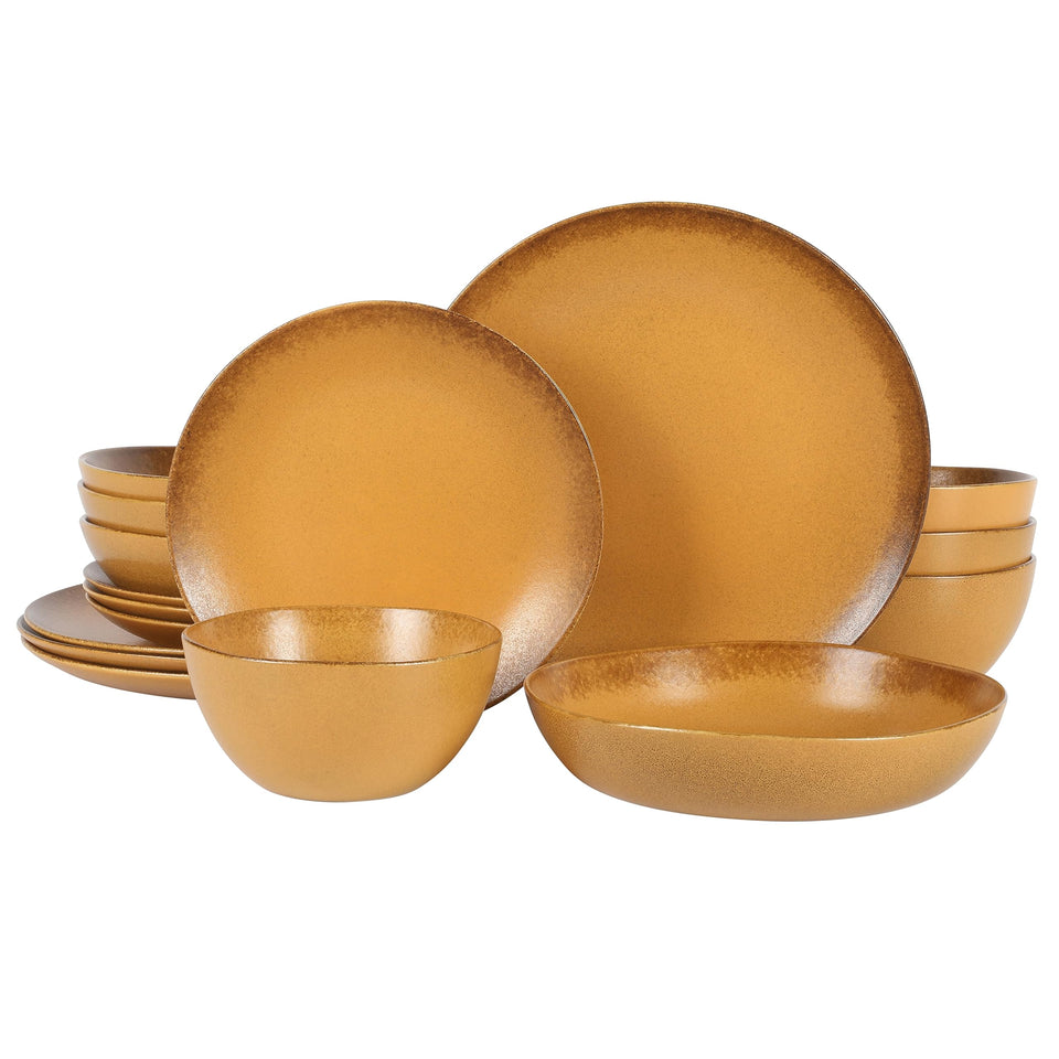 Bloomhouse Santorini Mist Double Bowl Terracotta Reactive Glaze Plates and Bowls Dinnerware Set - Amber, Service for Four (16pcs)