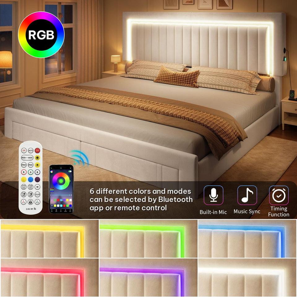 YITAHOME King Size Bed Frame with Adjustable Headboard, 4 Storage Drawers and RGB LED Lights, Velvet Upholstered Platform Bed with USB Ports, No Box Spring Needed, Fast Assembly, Noise-Free, Black