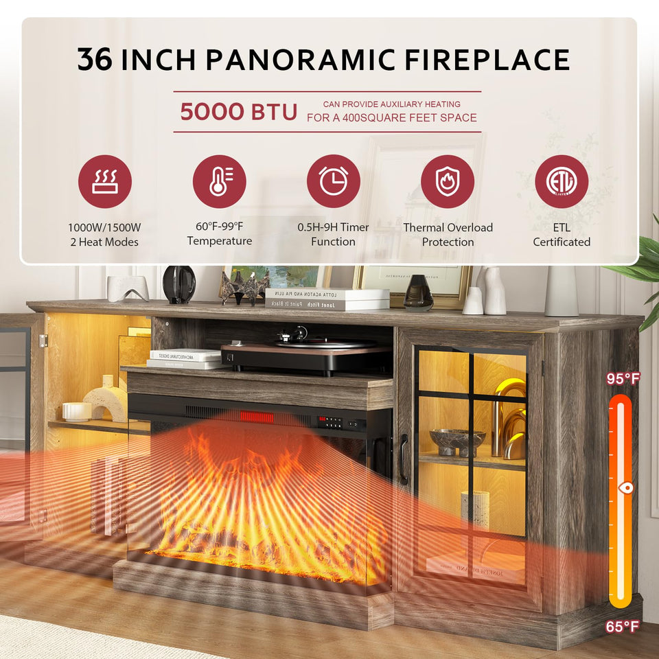 oneinmil 36 Inch 3-Sided Glass Fireplace TV Stand for TVs up to 80", Rustic Media Entertainment Center Console Table with Glass Door Closed Storage, Set of TV Table, White