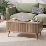 JOINICE, Round Coffee Table with Storage, Mid Century Modern Center Table with Sliding Cabinet Door, Fluted Dining Table for Living Room, Home Small Space, 31.5", Walnut