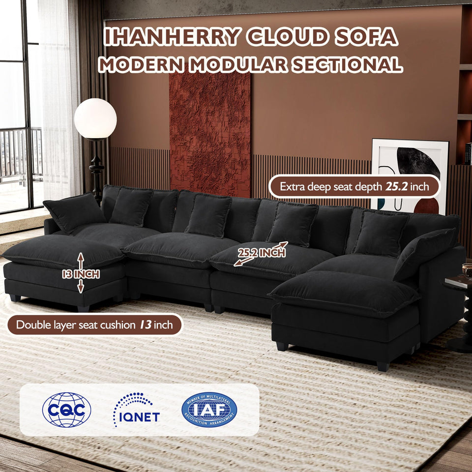 Ihanherry 146" U-Shaped Modern Sofa Modular Sectional Cloud Couch with 2 Ottoman, 6-Seat Chenille Deep Seat Sofa with 6 Pillows for Living Room, Bedroom and Apartment, Grey