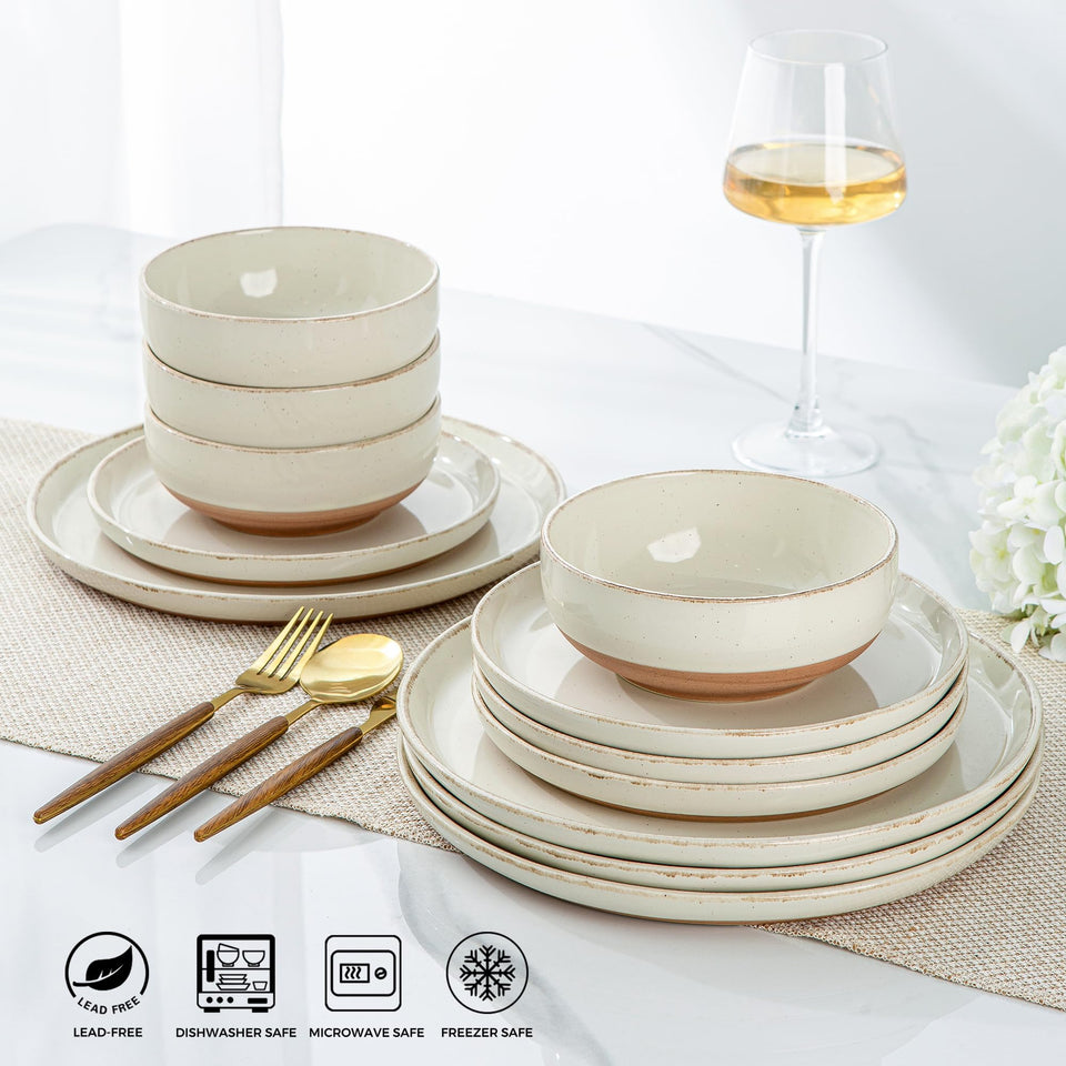 AmorArc Ceramic Dinnerware Sets for 8, 24 Pieces Handpainted Plates and Bowls Set with Rustic Terracotta Underside, Scratch Resistant Stoneware Dishes Set, Dishwasher & Microwave Safe, Light Beige