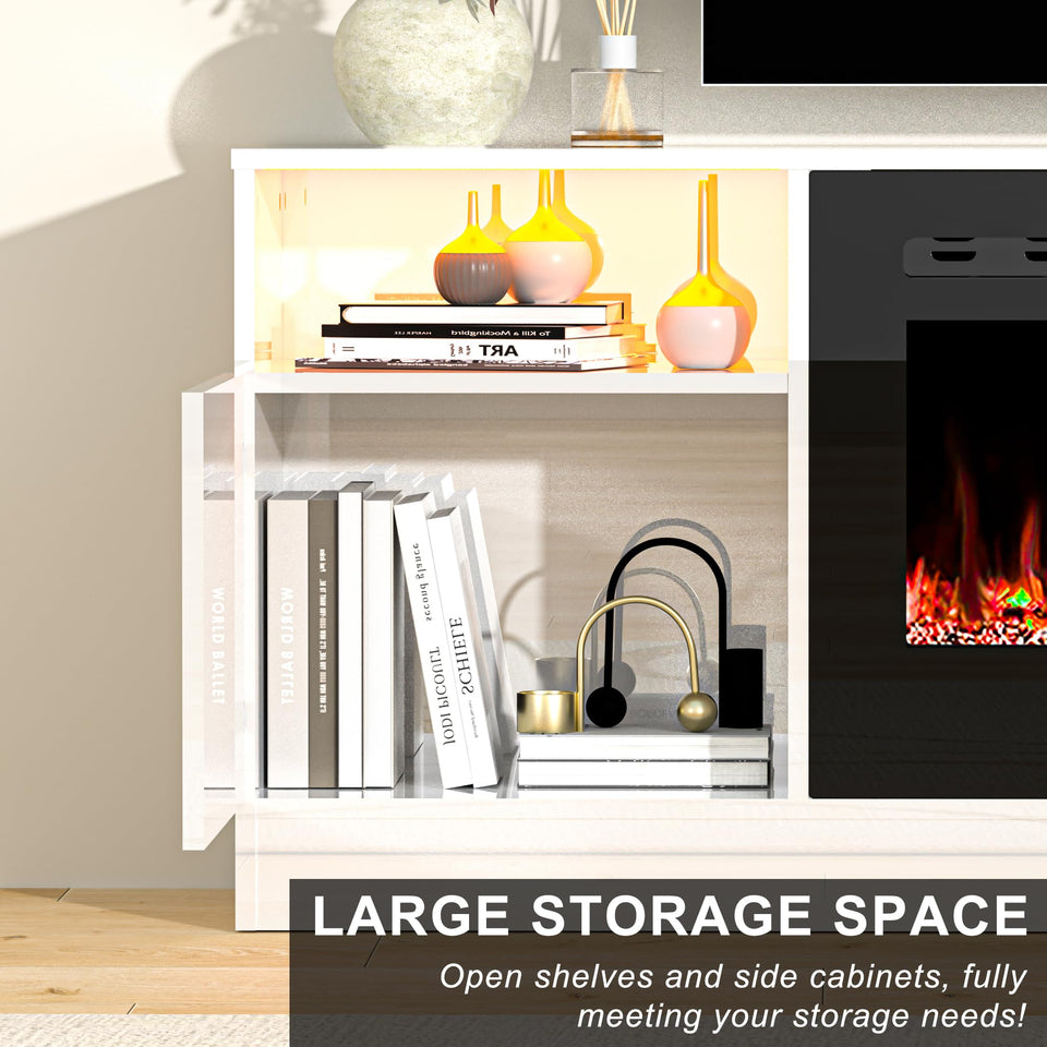OUTGUAVA Fireplace TV Stand for 80 Inch TV, TV Stand with 36" Fireplace, LED Light Entertainment Center with Storage Cabinets, Media TV Console TV Table for Living Room, Black