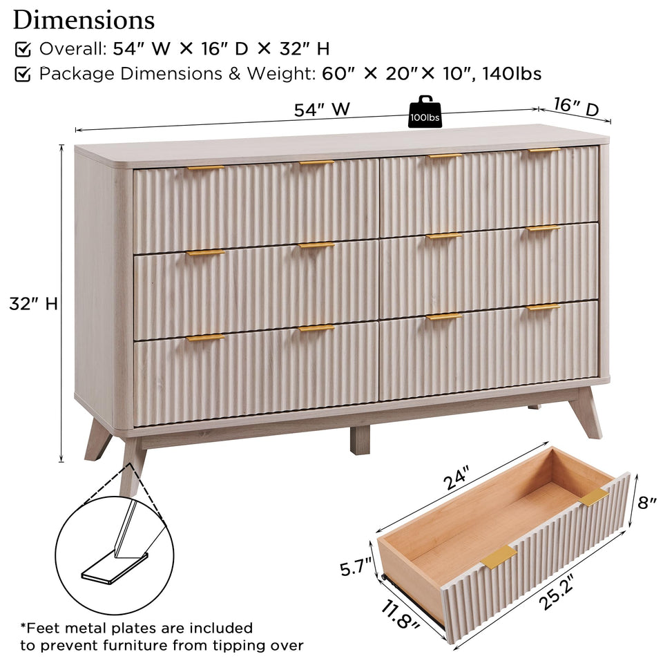 T4TREAM Fluted 7 Drawers Dresser, 54" Wide Modern Chest of Drawers with Faux Marble Top, Curved Profile Design, Dresser TV Stand, Wood Drawer Organizer for Bedroom, Living Room, Hallway, Natural Oak