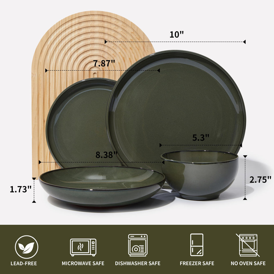 Pokini 24 Piece Dinnerware Sets for 8, Modern Stoneware Plates and Bowls Setst, Perfect for Family Gatherings & Holiday Celebrations, Easy Cleaning Dishes Set, Stack Compactly Dishware, Brown Green