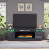 AMERLIFE Fireplace TV Stand with 36" Fireplace, 70" Modern High Gloss Fireplace Entertainment Center LED Lights, 2 Tier TV Console Cabinet for TVs Up to 80", Obsidian Black