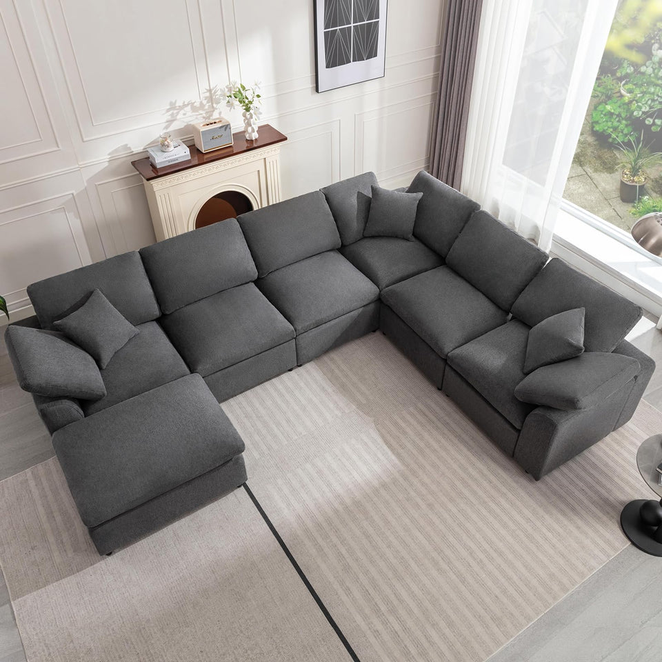 Siiejia Modular Sectional Sofa Modern Oversized Cloud Couch with Movable Ottoman 7 Seater L-Shaped Sofas Comfy Couches for Living Room Spacious Space Office Lounge, Beige
