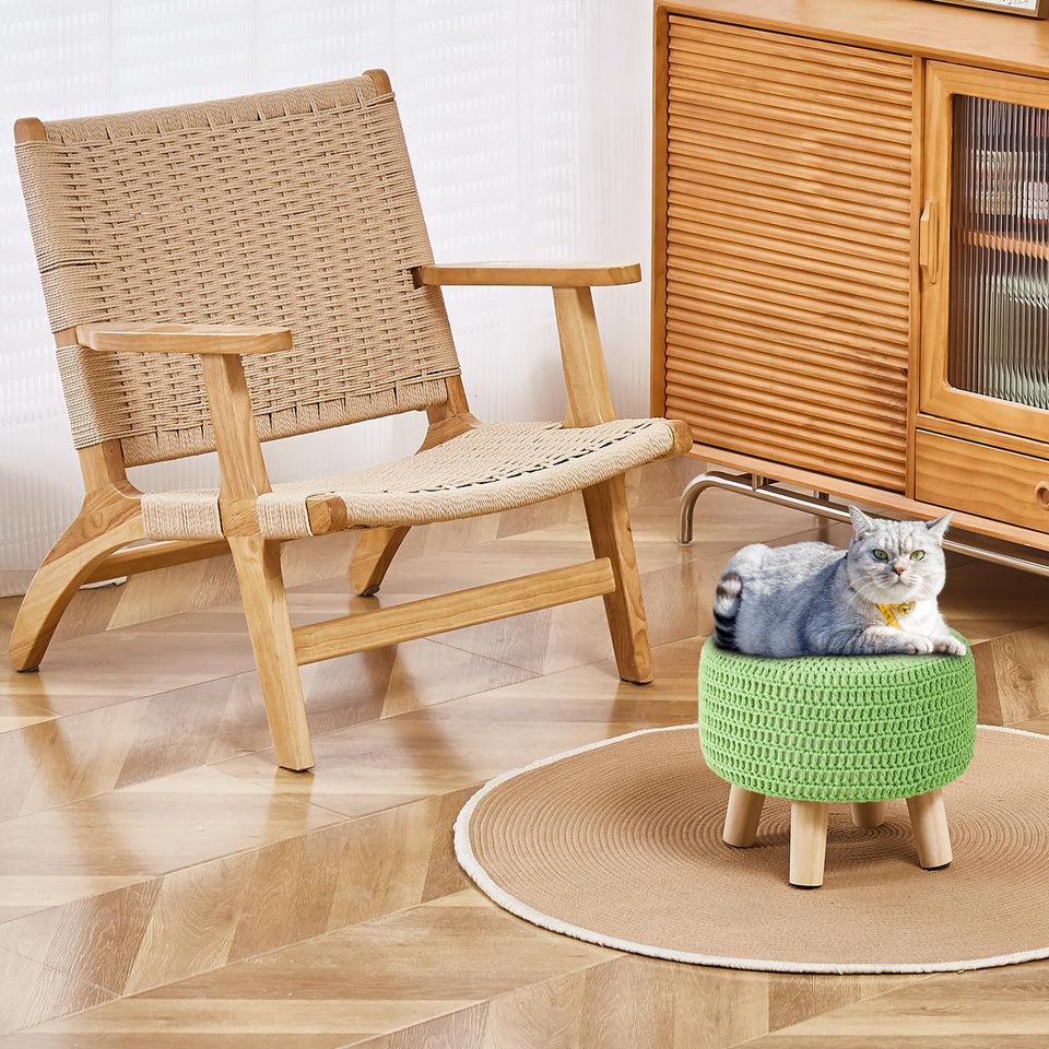 Wimarsbon Pouf Ottoman, 100% Cotton Knitted Boho Footstool, Round Footrest with Non-Skid Wood Legs, Home Décor Handmade Pouffe, Leisure Floor Step Stool for Living Room (Beige)