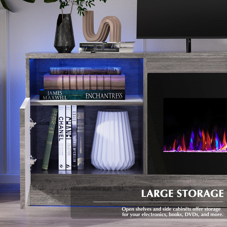 Lemberi Fireplace tv Stand with 36 inch Fireplace Up to 90" TVs, LED Light Entertainment Center and Storage, 80" Modern Wood Media TV Console with Highlight Cabinet for Living Room (White)