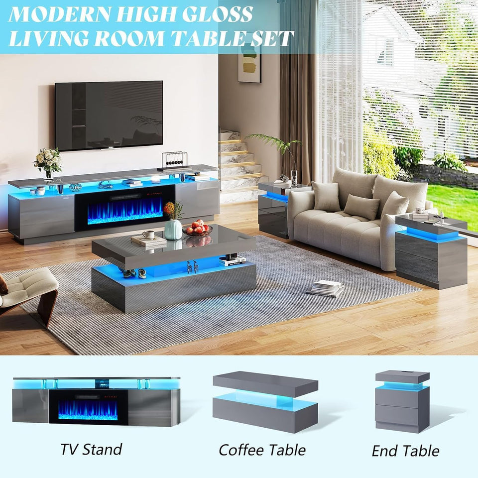 AMERLIFE Fireplace TV Stand with 36" Fireplace, 70" Modern High Gloss Fireplace Entertainment Center LED Lights, 2 Tier TV Console Cabinet for TVs Up to 80", Obsidian Black