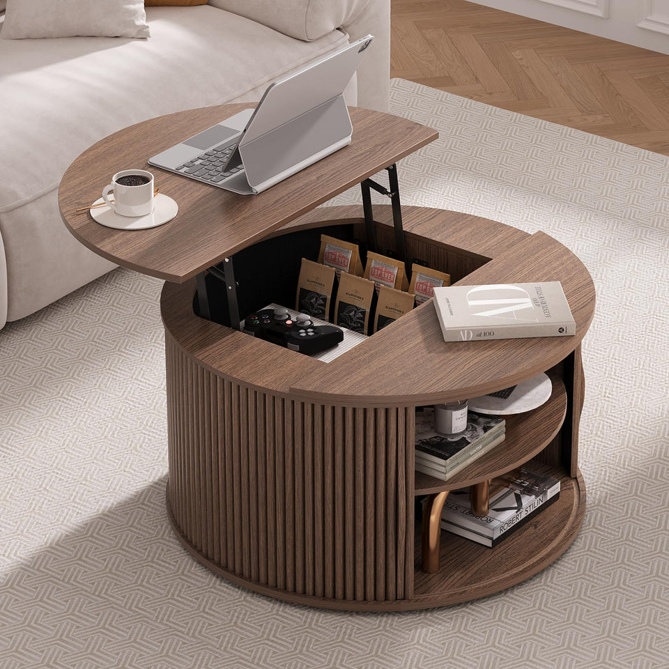 JOINICE, Round Coffee Table with Storage, Mid Century Modern Center Table with Sliding Cabinet Door, Fluted Dining Table for Living Room, Home Small Space, 31.5", Walnut