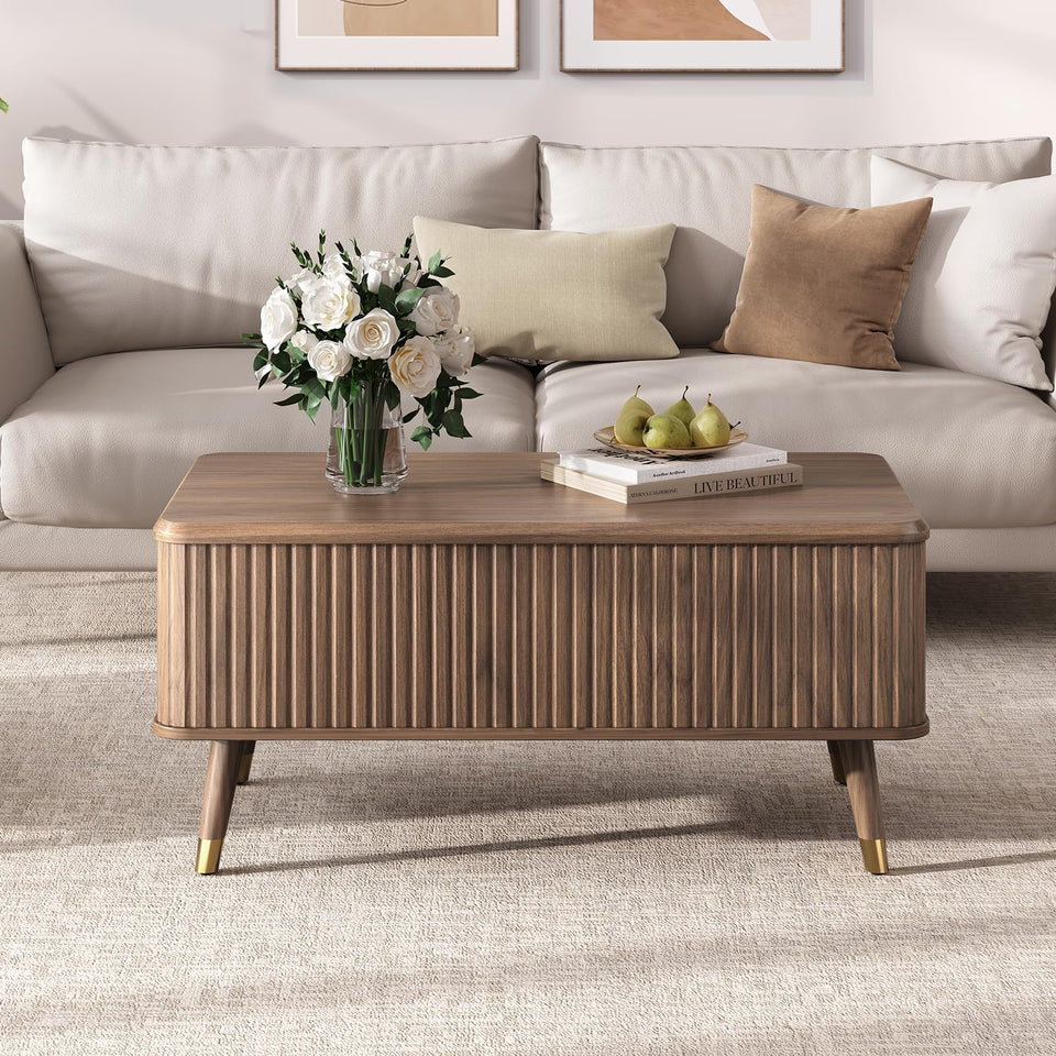 JOINICE, Round Coffee Table with Storage, Mid Century Modern Center Table with Sliding Cabinet Door, Fluted Dining Table for Living Room, Home Small Space, 31.5", Walnut