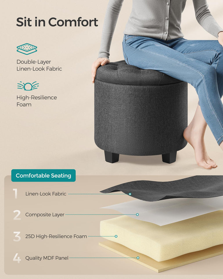 SONGMICS Round Ottoman, Ottoman with Storage, 17.7 Dia. x 17.5 H Inches Foot Rest with Legs, Load up to 330 lb, for Living Room, Bedroom, Dark Gray ULOM011G01