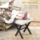 LUE BONA Square Linen Makeup Stool, Metal X Legs, Small Ottoman Stool Chair for Vanity, Modern Padded Seat Foot Rest for Makeup Room, Bathroom