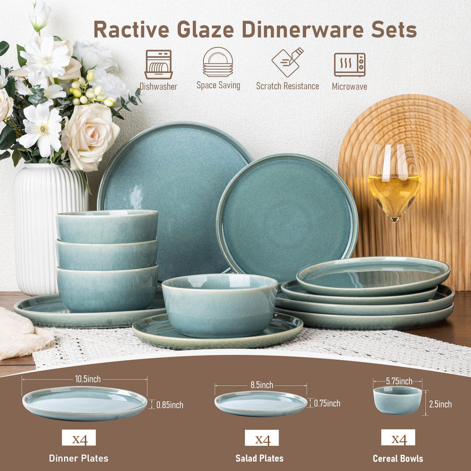 GBHOME Ceramic Dinnerware Sets for 8, 24 Pieces Stoneware Plates and Bowls Sets, Scratch Resistant Dishes, Dishwasher & Microwave Safe, Reactive Glaze-Green Wheat
