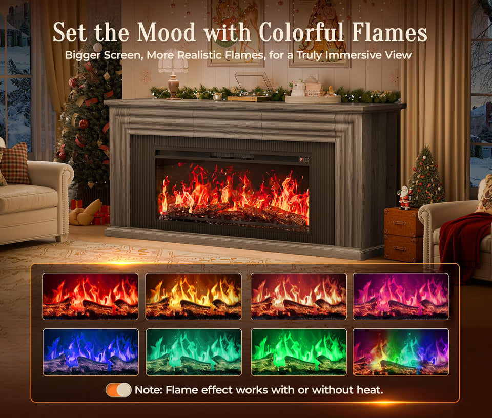 PRAISUN 70'' Fireplace TV Stand with 42'' Electric Fireplace, Farmhouse TV Stand for 65 75 Inch TV, Entertainment Center TV Console with 3 Drawers, Fluted Design, for Living Room, Distressed White