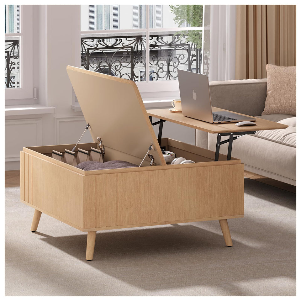 JOINICE, Round Coffee Table with Storage, Mid Century Modern Center Table with Sliding Cabinet Door, Fluted Dining Table for Living Room, Home Small Space, 31.5", Walnut