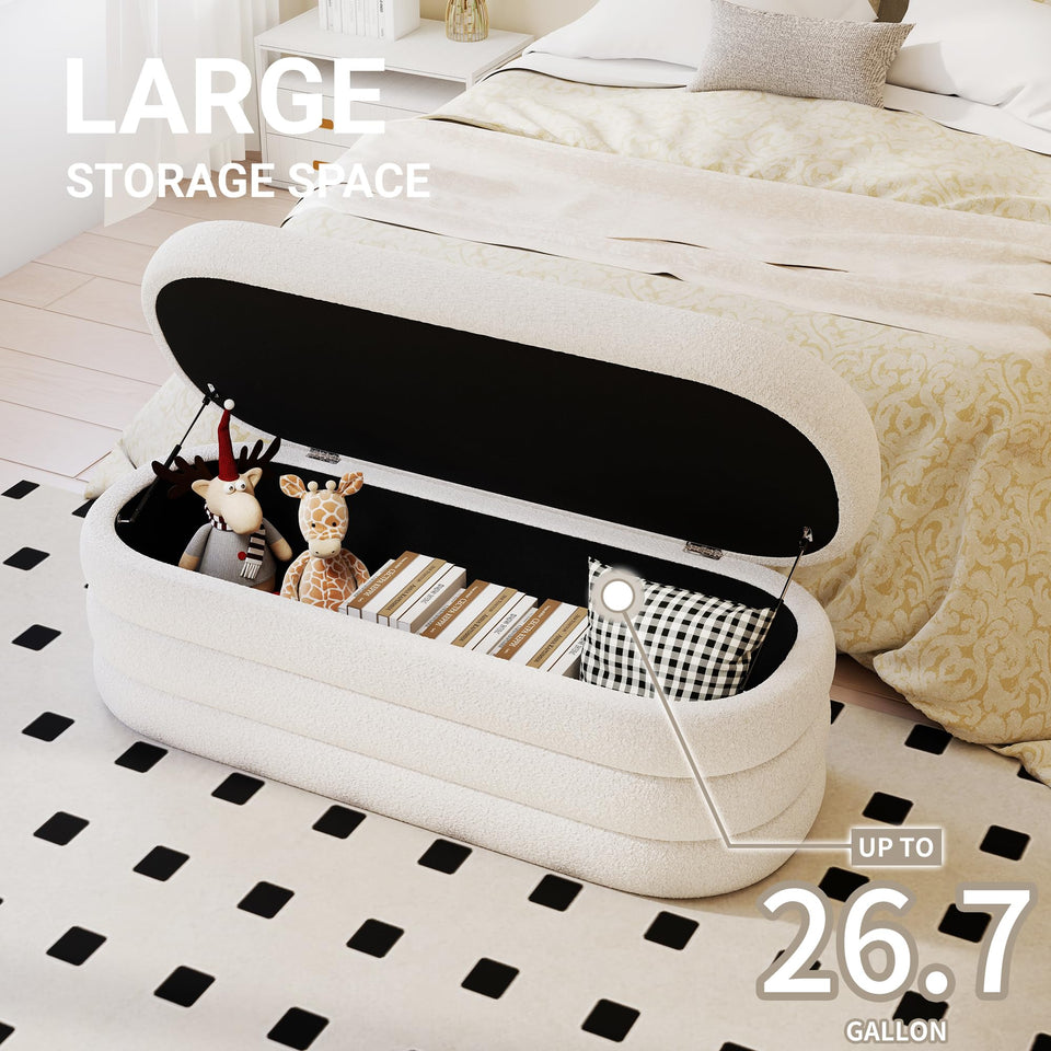 Busaurus Storage Ottoman Bench 49.2 Inch Upholstered Fabric Storage Bench for Bedroom End of Bed Aesthetic Large Oval Ottoman for Living Room Entryway (Ivory)