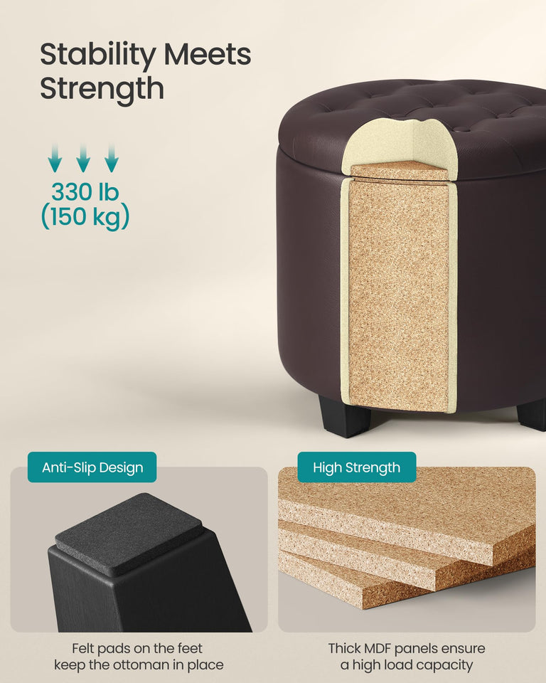 SONGMICS Round Ottoman, Ottoman with Storage, 17.7 Dia. x 17.5 H Inches Foot Rest with Legs, Load up to 330 lb, for Living Room, Bedroom, Dark Gray ULOM011G01