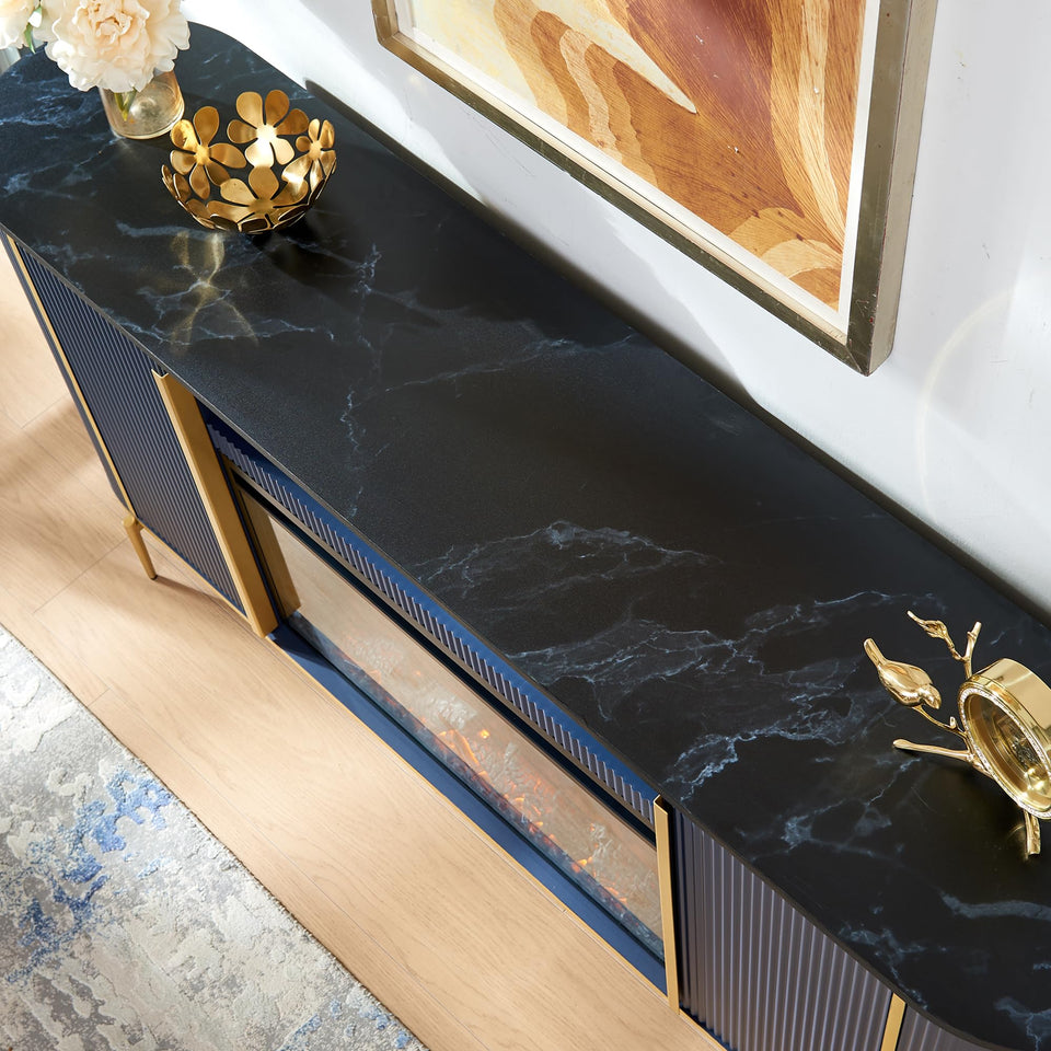 OKD Luxury 70" Fluted TV Stand, Modern Chic Entertainment Center for TVs Up to 80 inches, TV Console with Faux Marble Top, Curved Profile Design, Media Console for Living Room, Natural Oak