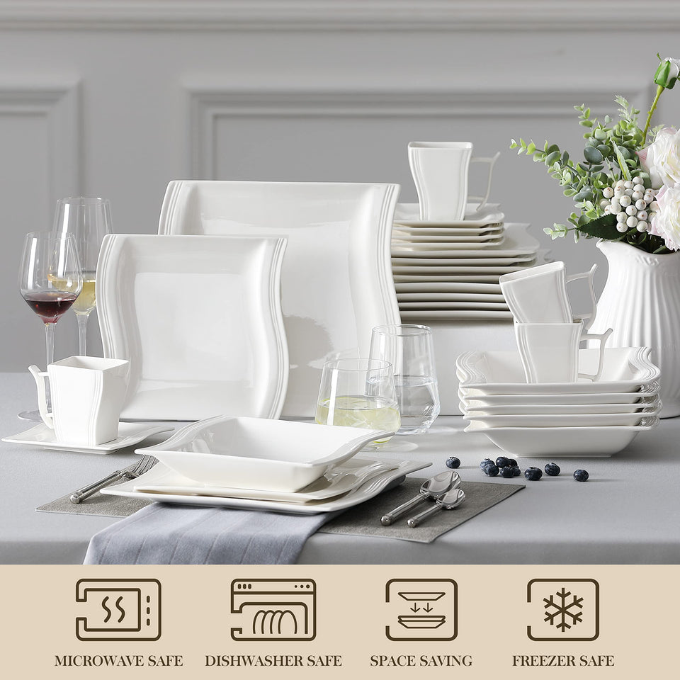 MALACASA Ivory White Dinnerware Sets, 30-Piece Porcelain Plates and Bowls Sets, Modern Dish Set for 6, Square Plates Dinnerware Set Kitchen Dishware Sets, Microwave and Dishwasher Safe, Series Flora