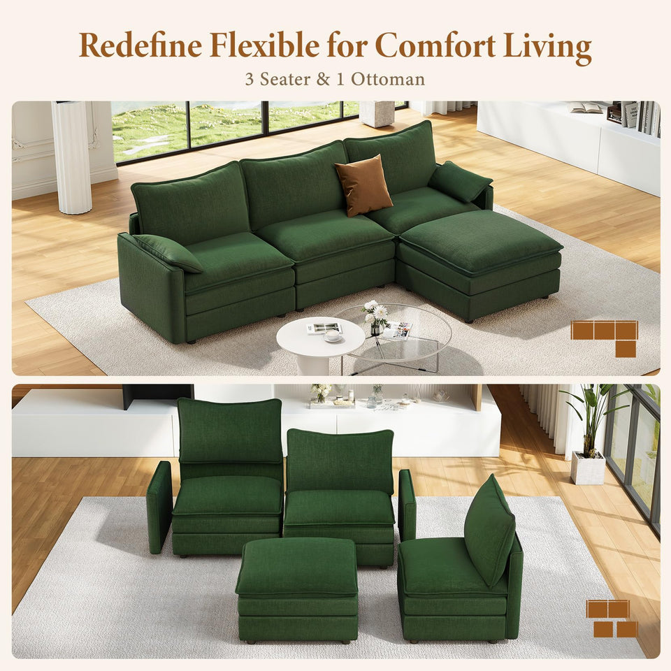 Vesgantti 142" U Shaped Sectional Couch, Comfy Cloud Modular Sectional Sofa with 2 Ottoman Deep Seat Chenille Modern Cloud Sofa, Modular Sofas for Living Room, Bedroom and Apartment, Beige