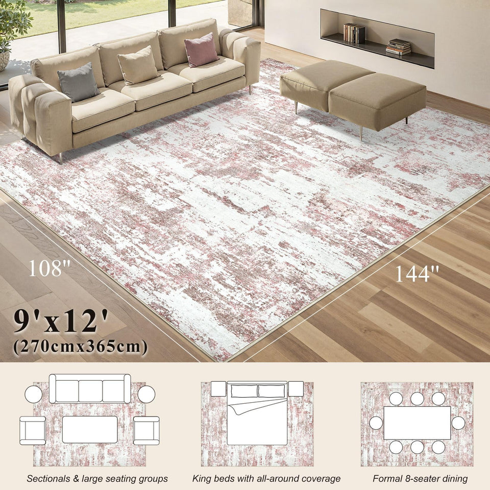 Area Rugs for Living Room: 12x15 Abstract Washable Rug Modern Neutral Large Soft Stain Resistant Non-Slip Backing Machine Table for Bedroom Dining Room Indoor Home Office Carpet - Gold Brown