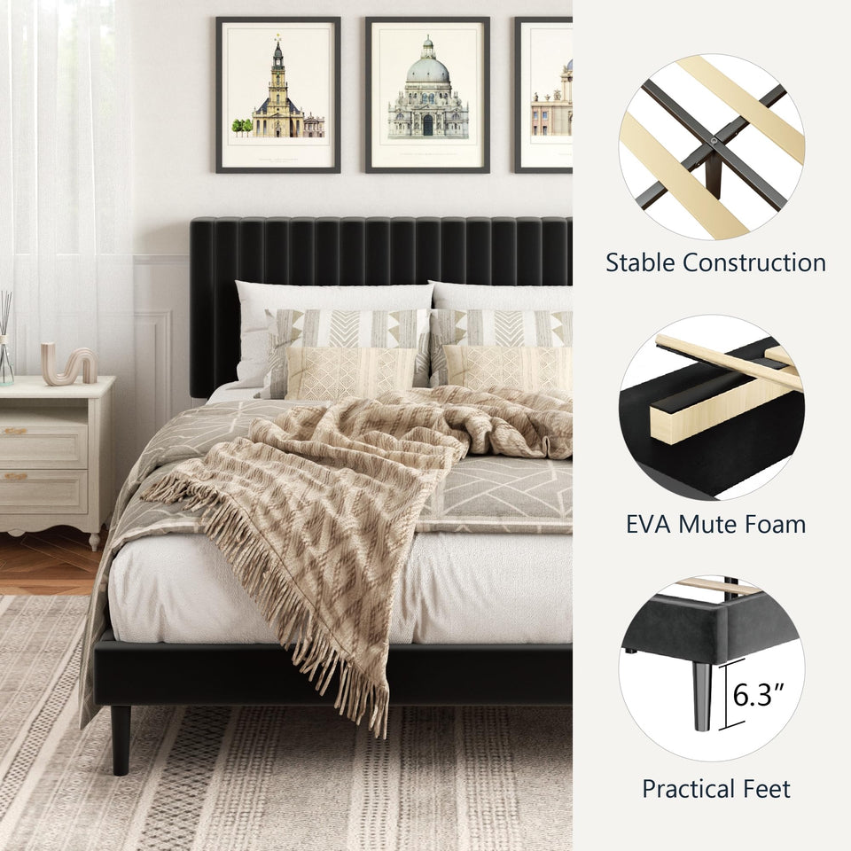 HAOARA King Size Bed Frame,King Size Platform Bed Frame and Velvet Upholstered Headboard with Strong Wood Slats, Box Spring Optional, Mattress Foundation, Easy Assembly Beige