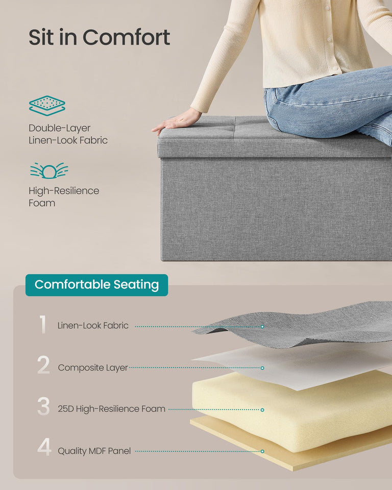 SONGMICS MAZIE Collection - 43 Inches Folding Storage Ottoman Bench, Ottoman Foot Rest, End of Bed Bench, Storage Chest, Load 660 lb, for Living Room, Bedroom, Entryway, Dark Gray ULSF77K