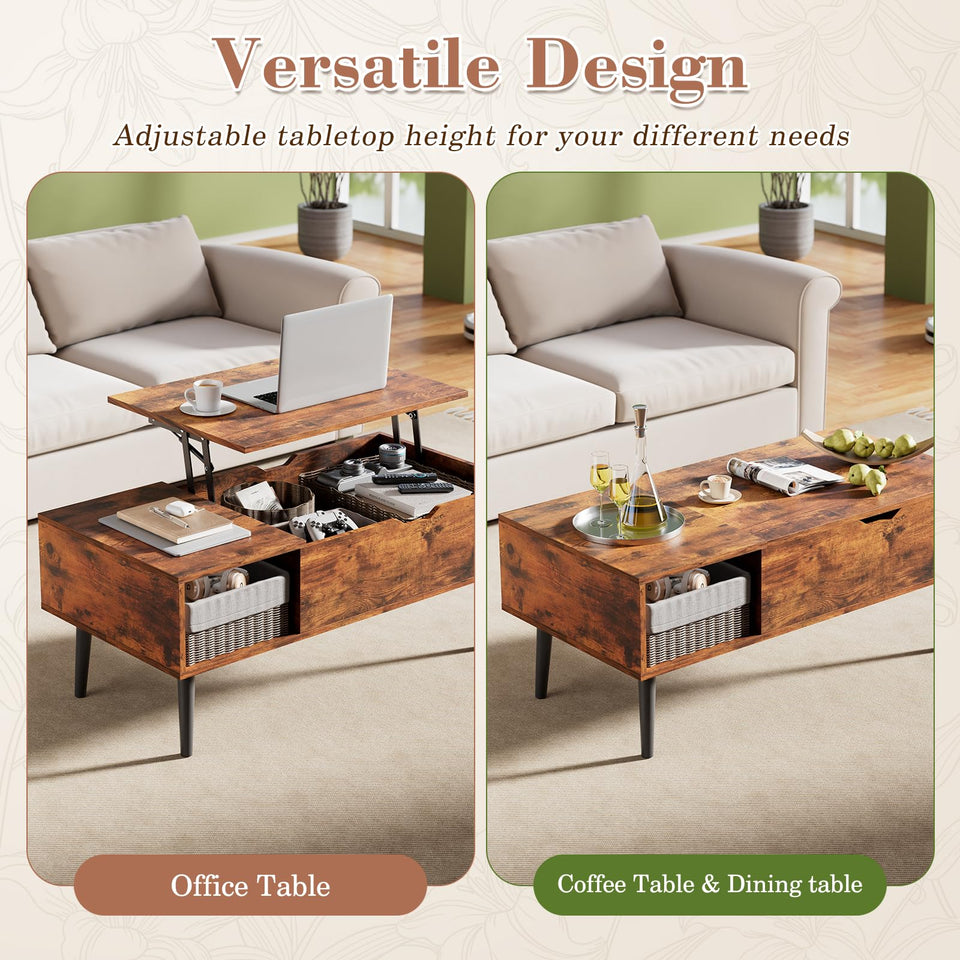 OLIXIS Wood Lift Top Coffee Table with Hidden Compartment and Large Storage Shelf, Lift Tabletop Dining Center Table for Home Living Room Office, Black