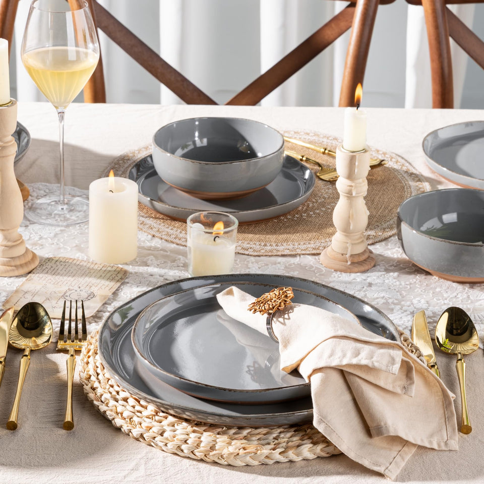 AmorArc Ceramic Dinnerware Sets for 8, 24 Pieces Handpainted Plates and Bowls Set with Rustic Terracotta Underside, Scratch Resistant Stoneware Dishes Set, Dishwasher & Microwave Safe, Light Beige