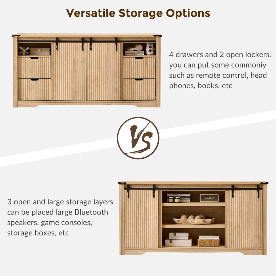 JXQTLINGMU Farmhouse TV Stand for 75+ Inch TV, 32" Tall Entertainment Center w/4 Drawers & Sliding Barn Door, Rustic Media Console w/Storage Shelves, 66" Wood Television Stand for Living Room, Brown