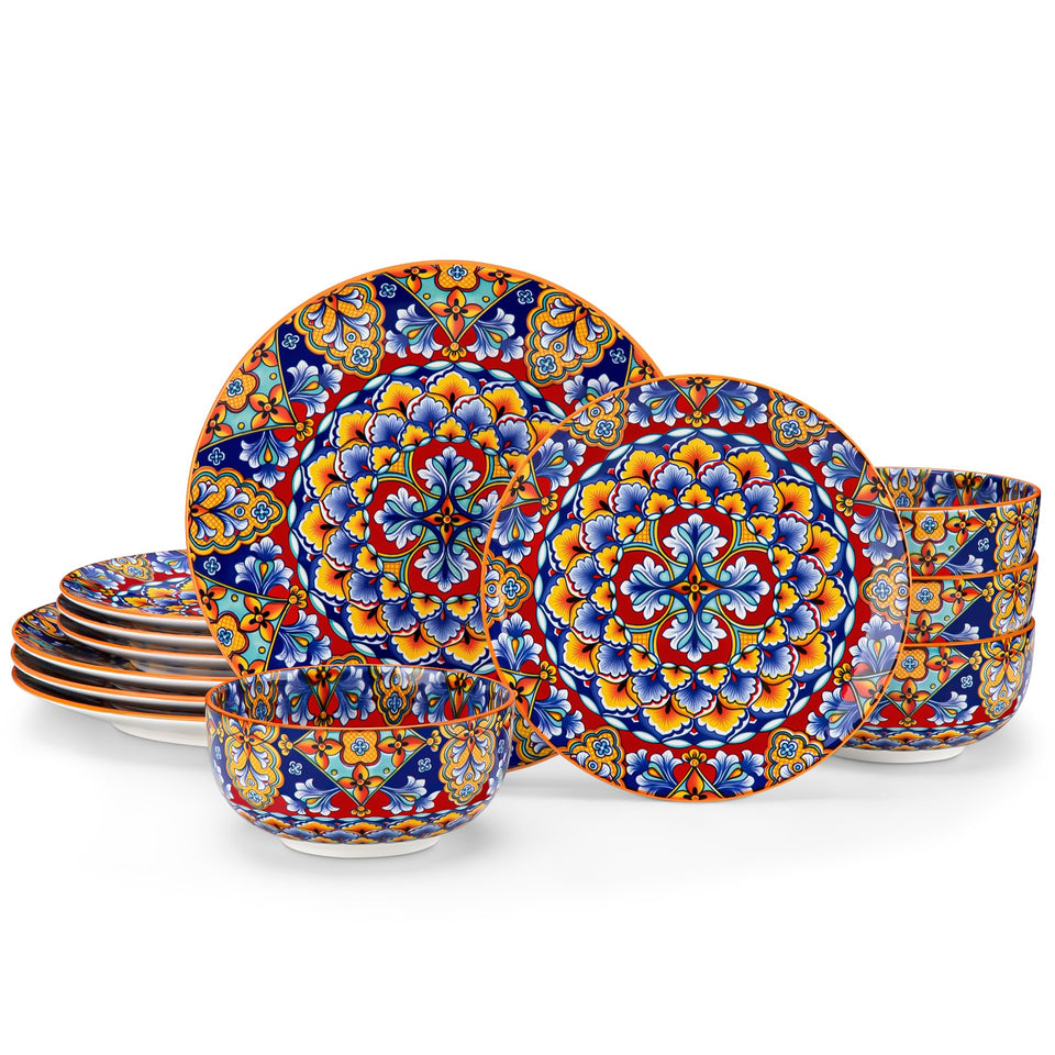 vancasso 24 Pieces Dinnerware Sets, Plates and Bowls Set, Porcelain Dishes Set for 6, Microwave and Dishwasher Safe, Scratch Resistant, Bohemian Style Dining Ware Service for 6, Series SIMI