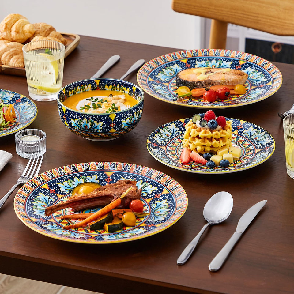 vancasso 24 Pieces Dinnerware Sets, Plates and Bowls Set, Porcelain Dishes Set for 6, Microwave and Dishwasher Safe, Scratch Resistant, Bohemian Style Dining Ware Service for 6, Series SIMI