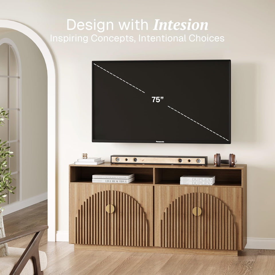 BELLEZE 65 Inch Fluted Buffet Cabinet with Storage, Symmetrical Arc Accent Sideboard Large Console Table for Dining Room, Kitchen, and Living Room (Caramel Brown)