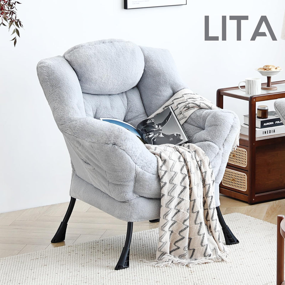 LITA Lazy Chair with Ottoman, Modern Accent Leisure Upholstered Lazy Sofa Armchair, Contemporary Lounge Reading Chair with Armrests and a Side Pocket for Living Room, Bedroom & Small Space, Dark Grey