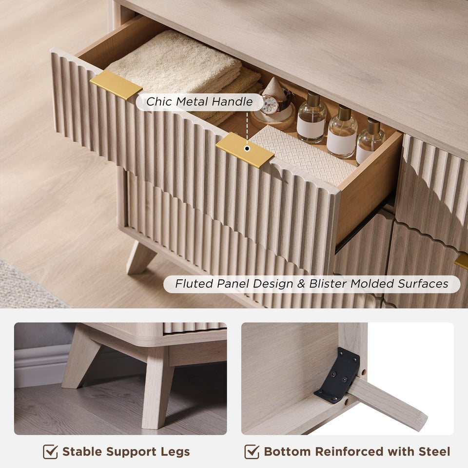 T4TREAM Fluted 7 Drawers Dresser, 54" Wide Modern Chest of Drawers with Faux Marble Top, Curved Profile Design, Dresser TV Stand, Wood Drawer Organizer for Bedroom, Living Room, Hallway, Natural Oak