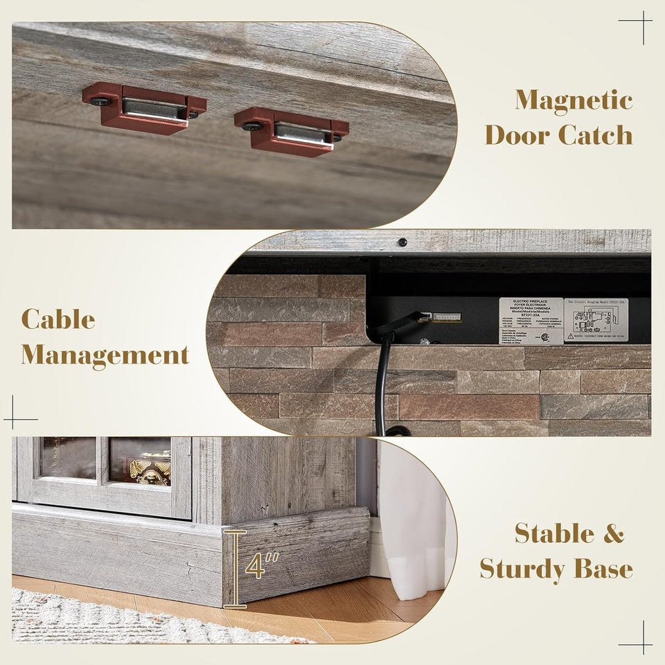 LUXOAK 97" Farmhouse TV Stand with 33" Fireplace for TVs up to 100", Media Entertainment Center with Large Storage Cabinet and Adjustable Shelves for Living Room, White/Barnwood