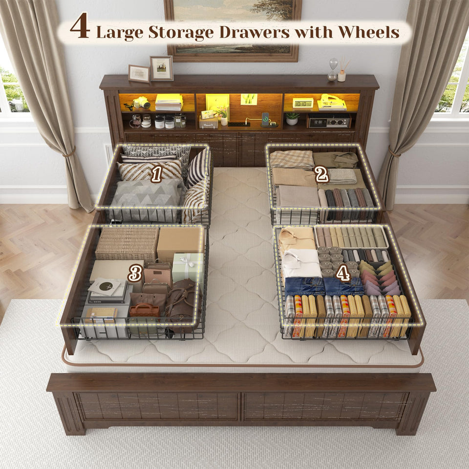 EnHomee King Size Bed Frame and Headboard & Storage, 4 Drawers and LED Built in Charging Station King Bed Frame with Storage Farmhouse,NO Noise,No Box Spring Needed,White