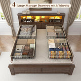 EnHomee King Size Bed Frame and Headboard & Storage, 4 Drawers and LED Built in Charging Station King Bed Frame with Storage Farmhouse,NO Noise,No Box Spring Needed,White