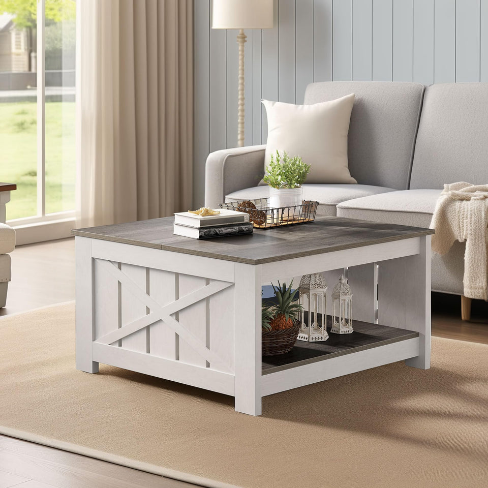 YITAHOME Coffee Table Farmhouse Coffee Table with Storage Rustic Wood Cocktail Table, Square Coffee Tables for Living Meeting Room with Half Open Storage Compartment, Grey Wash