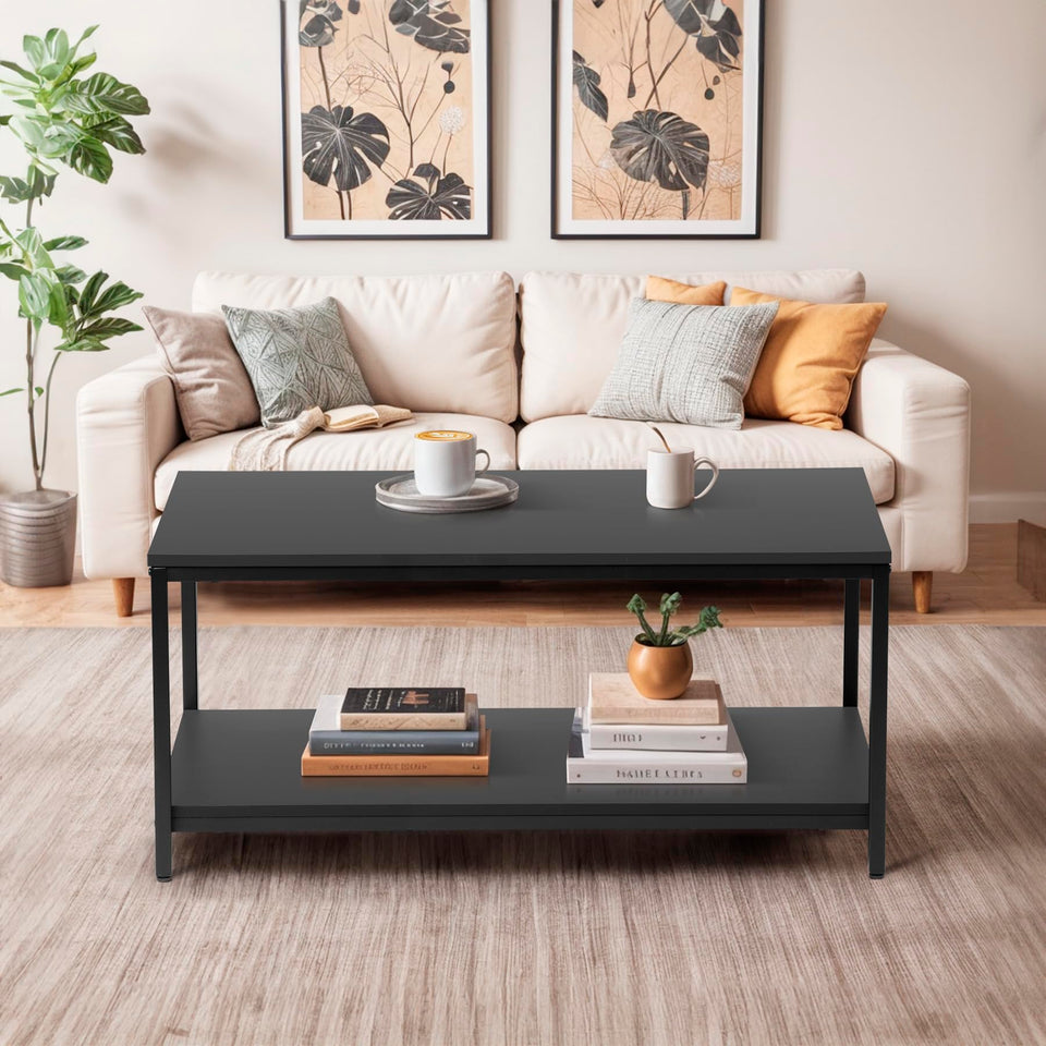 SUPER DEAL 2-Tier Industrial Coffee Table with Storage Shelf for Small Apartment Living Room, Rectangle Wood and Stable Metal TV Stand Side End Table, Rustic Brown