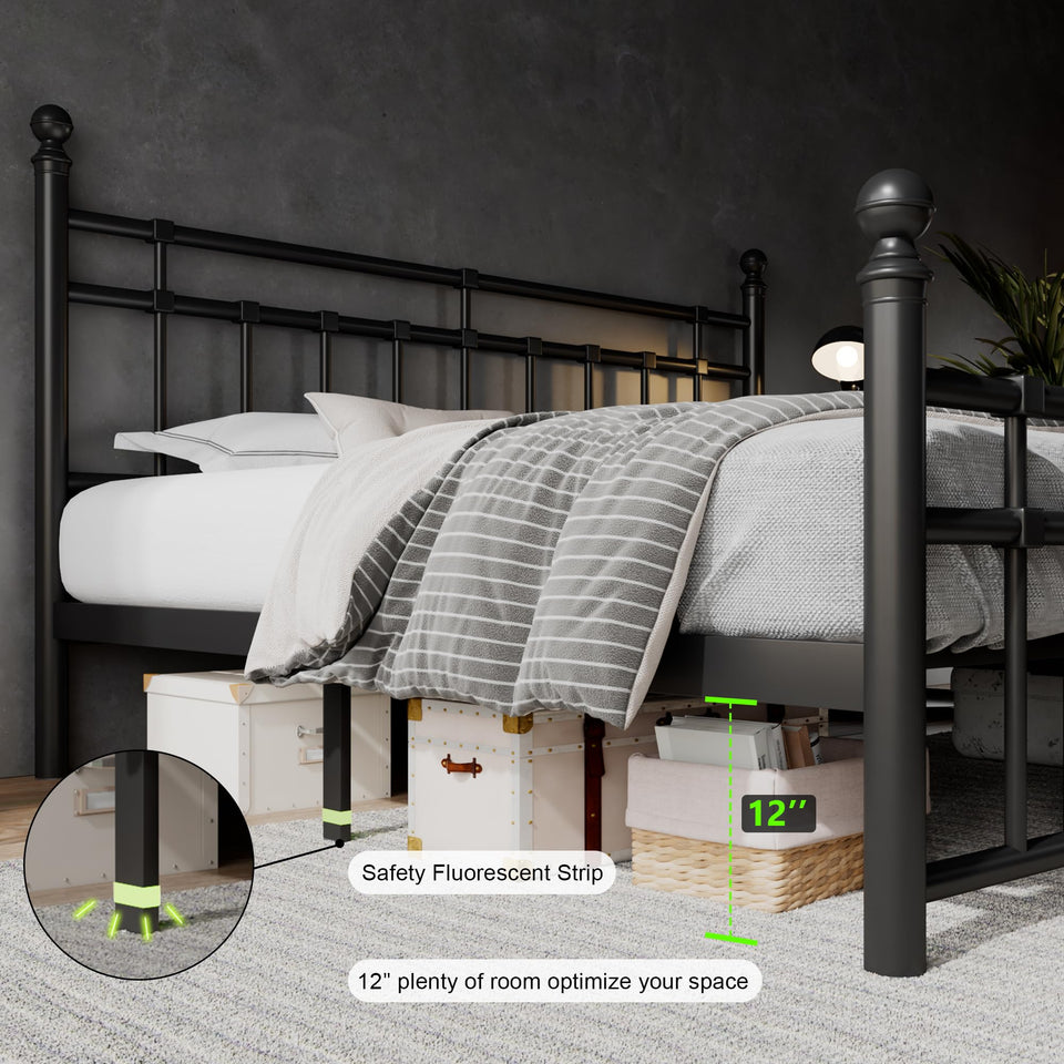 Feonase King Size Metal Platform Bed Frame with Victorian Classic Iron-Art Headboard & Footboard, Steel Slats Support, 12" Under Bed Storage, No Box Spring Needed, Easy Assembly, Noise-Free, Black