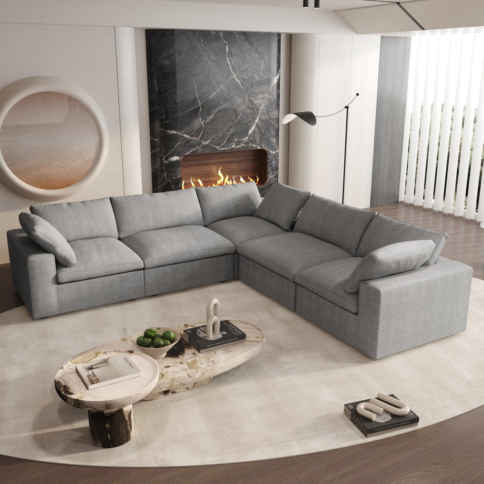 160.6" Cloud Couch Modular Sectional Sofa for Livingroom,Oversized Convertible Sofa with Storage Ottomans,6 Seat Wide Couches,Cushion Covers Removable (Khaki, 6 Seater)