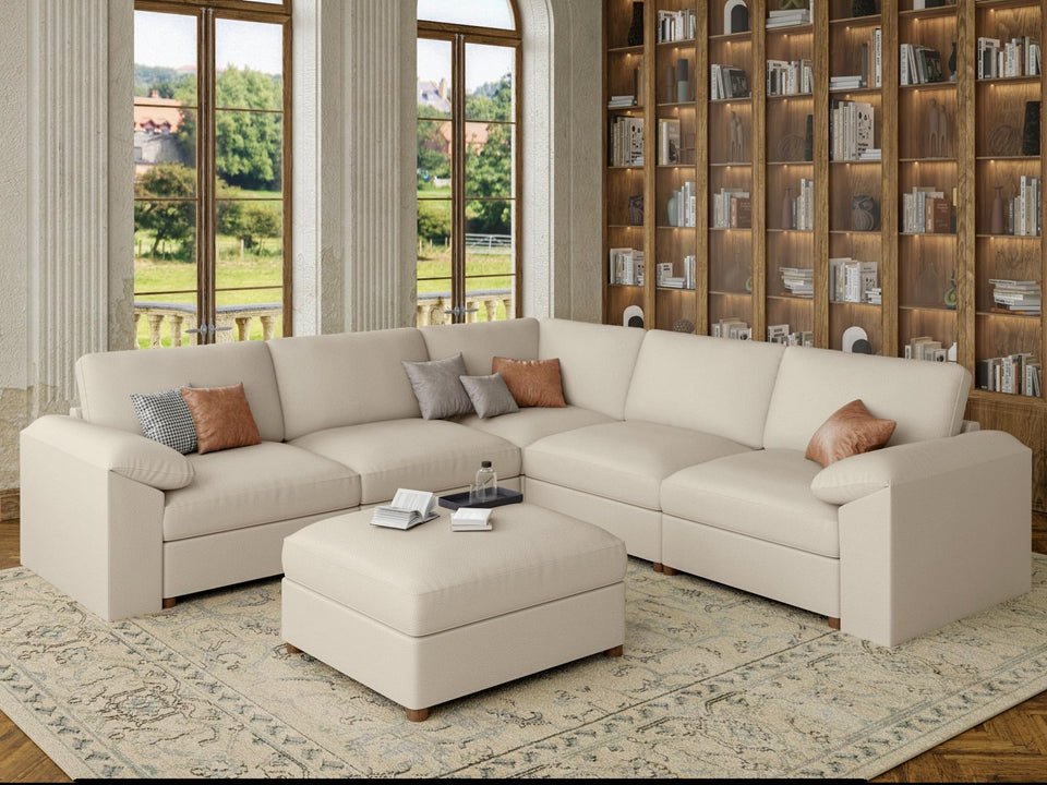 EASE MOOSE Leather Sectional Couch, Oversized Modular Sectional Sofas, Wide Deep Seat Modular Couch, Scratch Resistant Faux Leather Material, L Shaped Sofa for Big Spaces,Beige